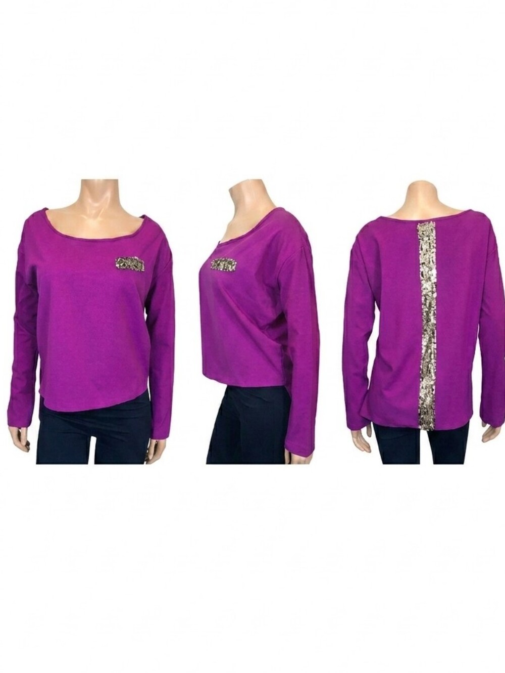 Vintage Havana High Low Sequin Top Long Sleeve Purple Metallic Blouse